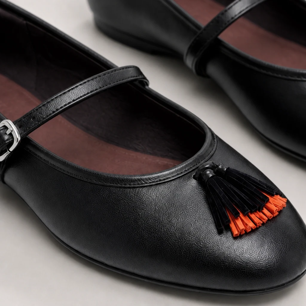 Close do detalhe do sapato raso Mary Jane com textura macia