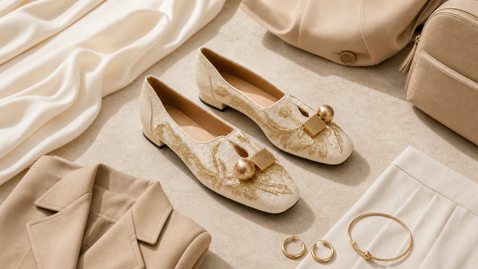 Embroidered floral low heel loafers styled in an elegant lifestyle scene