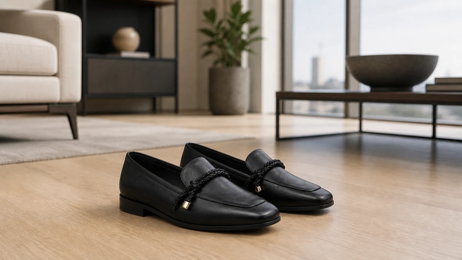 Zapatos cómodos estructurados negros con punta cuadrada diseñados en una escena de estilo de vida
