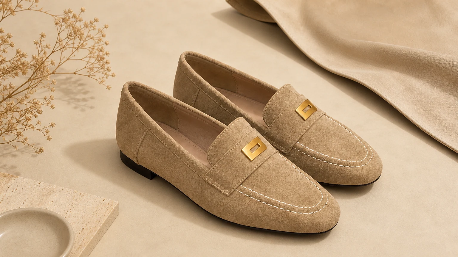 Flexible flat sole penny loafers styled in a warm everyday scene