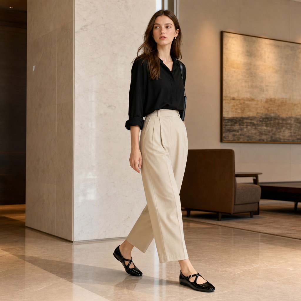 Glossy Mary Jane flats in a lifestyle product scene