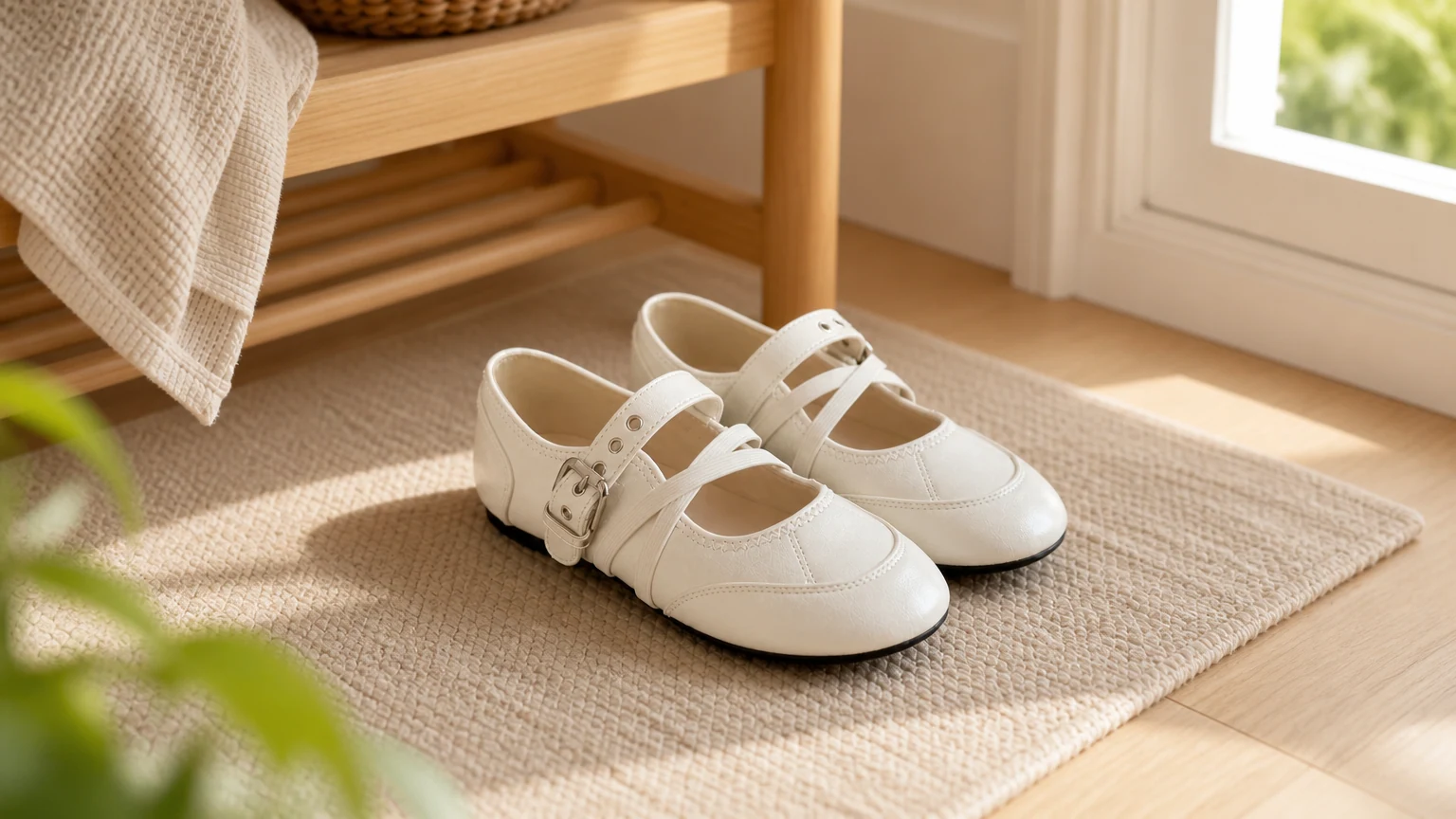Zapatos planos Mary Jane forrados en cuero suave diseñados en una escena de estilo de vida primaveral