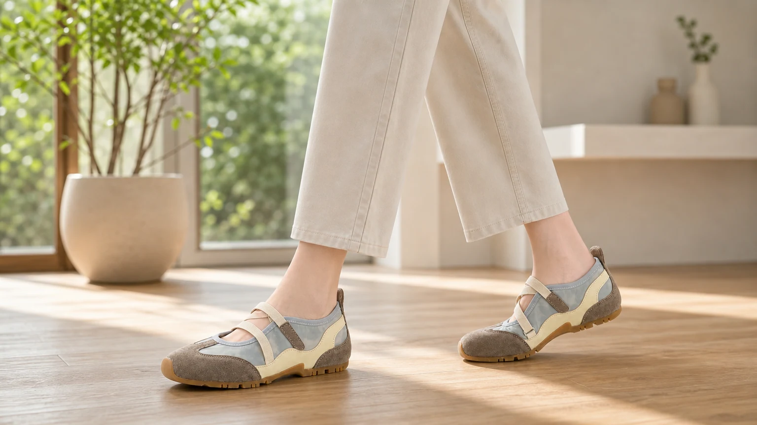 Sapatos Mary Jane com alça cruzada e amortecimento, usados ​​em um cenário de estilo de vida