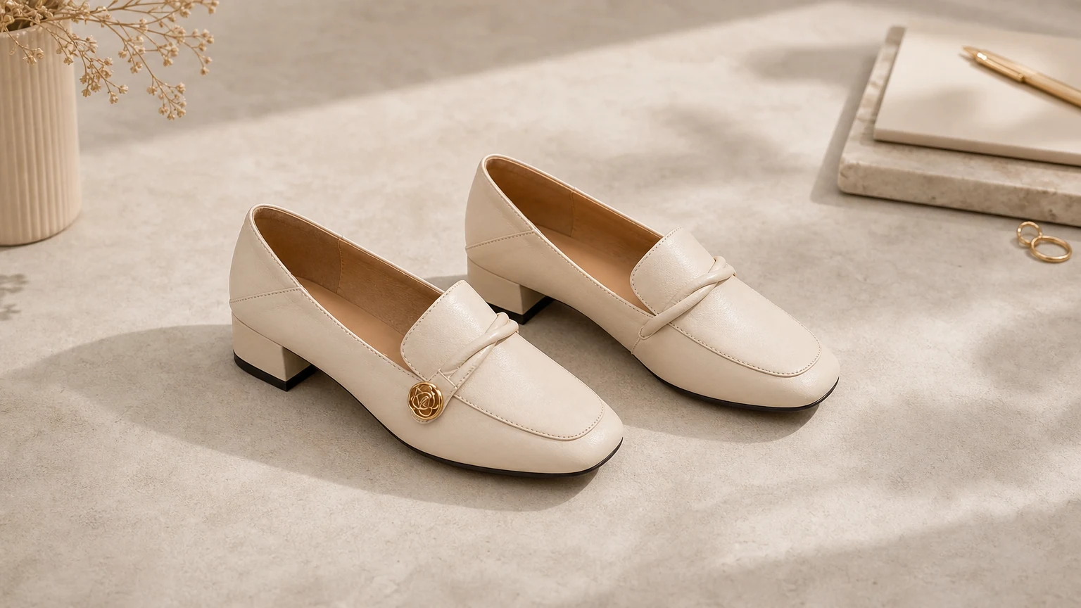 Polished leather-look women’s loafers styled in a horizontal scene