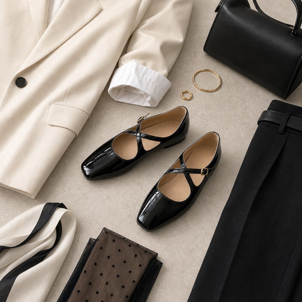 Horizontal lifestyle scene featuring glossy T-strap Mary Jane flats