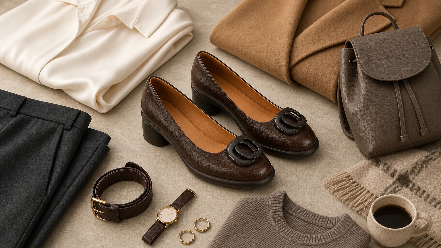 Soft leather-look chunky heel loafers styled in a warm fashion scene