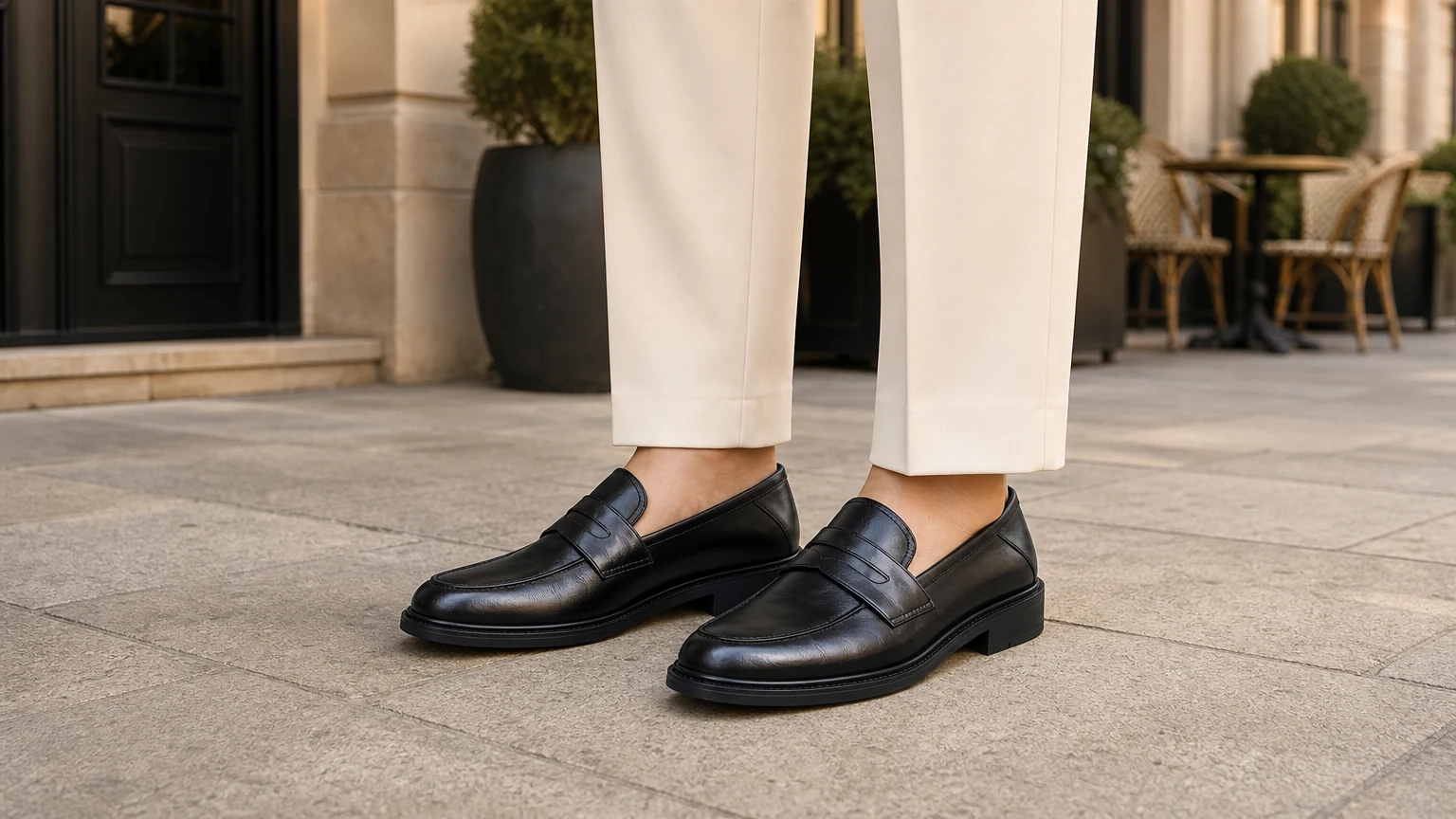Raffinati mocassini da ufficio leggeri con tacco basso presentati in un ambiente di stile di vita raffinato