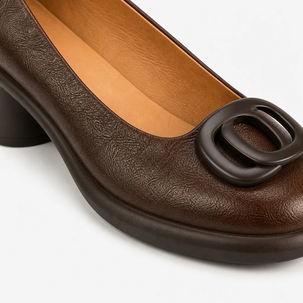 Close-up of the leather-look loafer texture and buckle detail