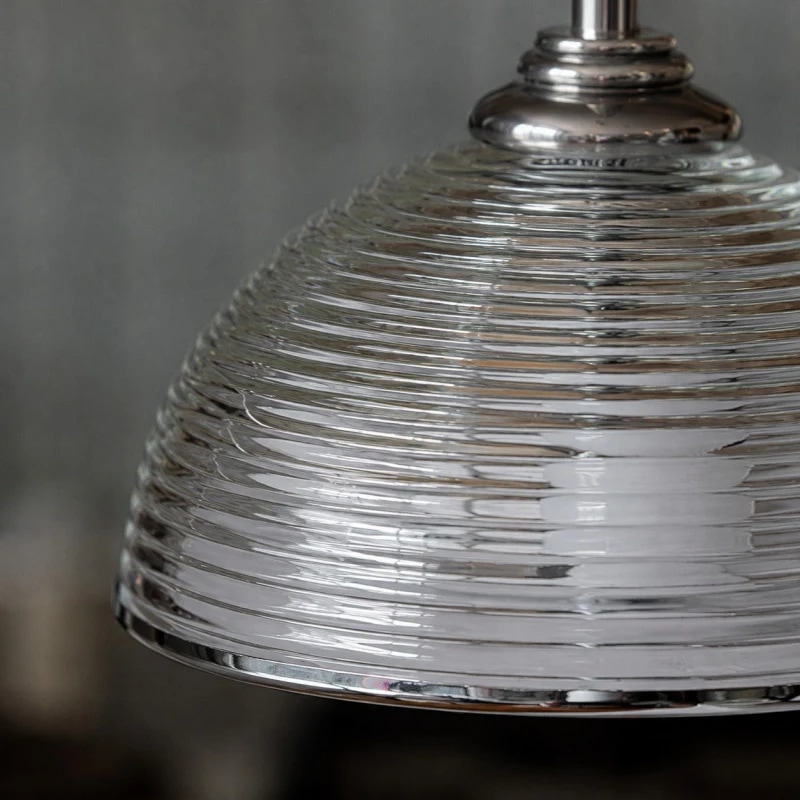 Close detail of the clear ribbed glass shade texture