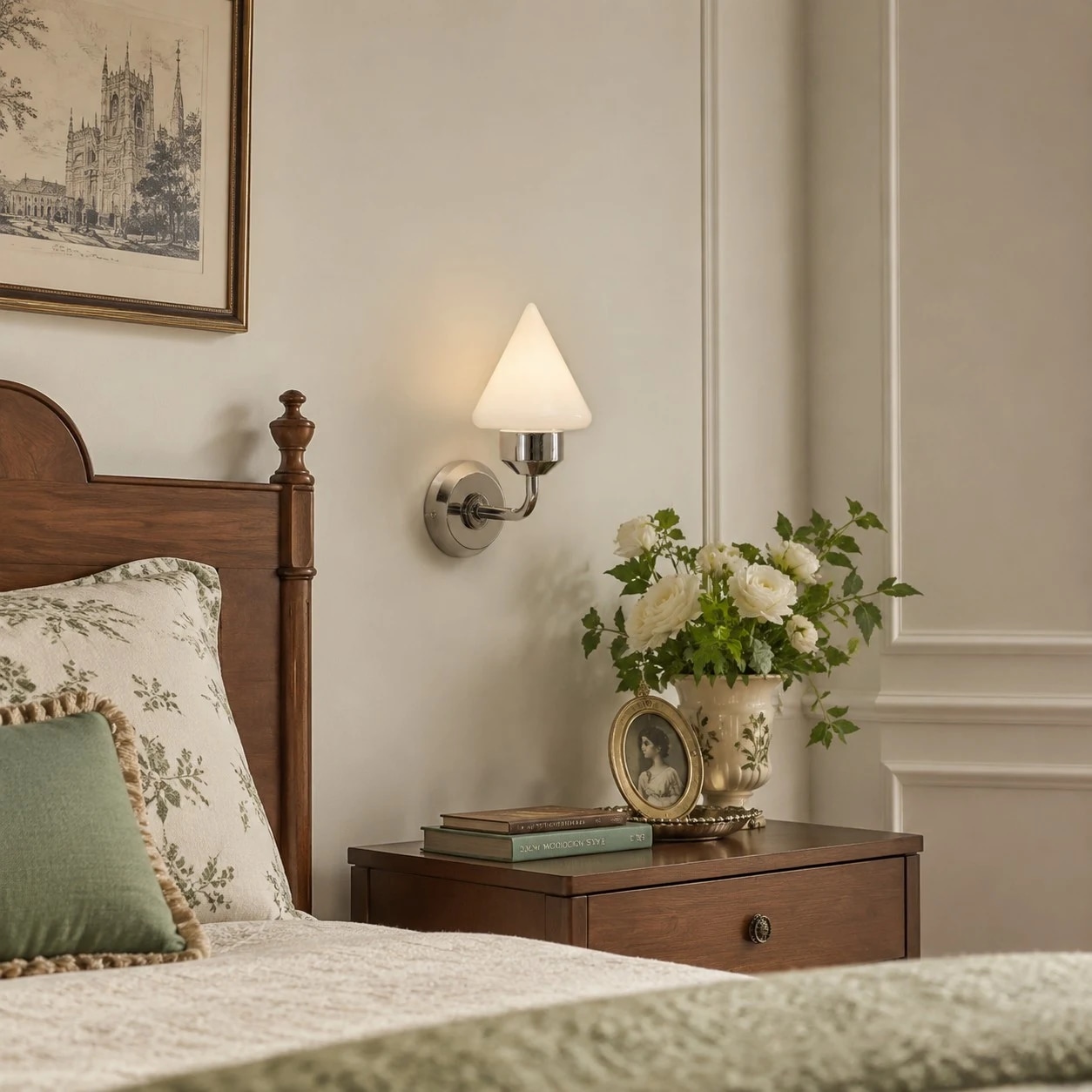 Wall sconce installed beside a bed