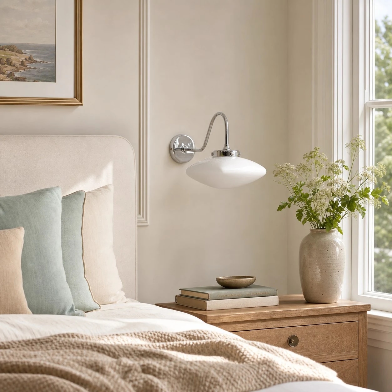 Vintage glass wall sconce in a bedroom scene