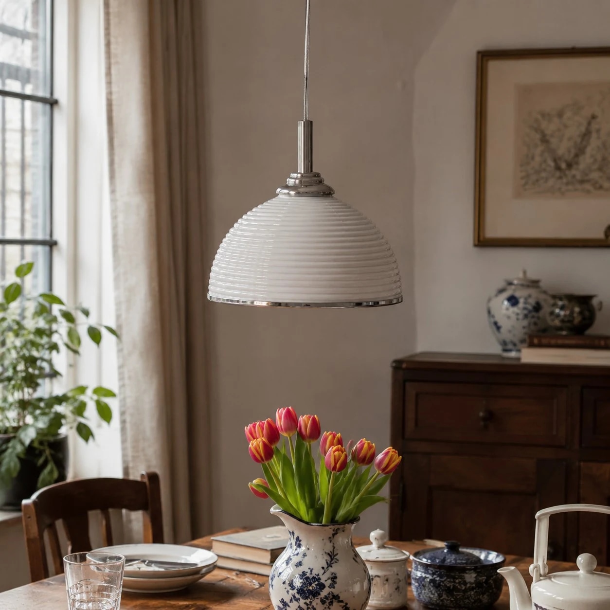 White ribbed pendant light above a dining table with flowers