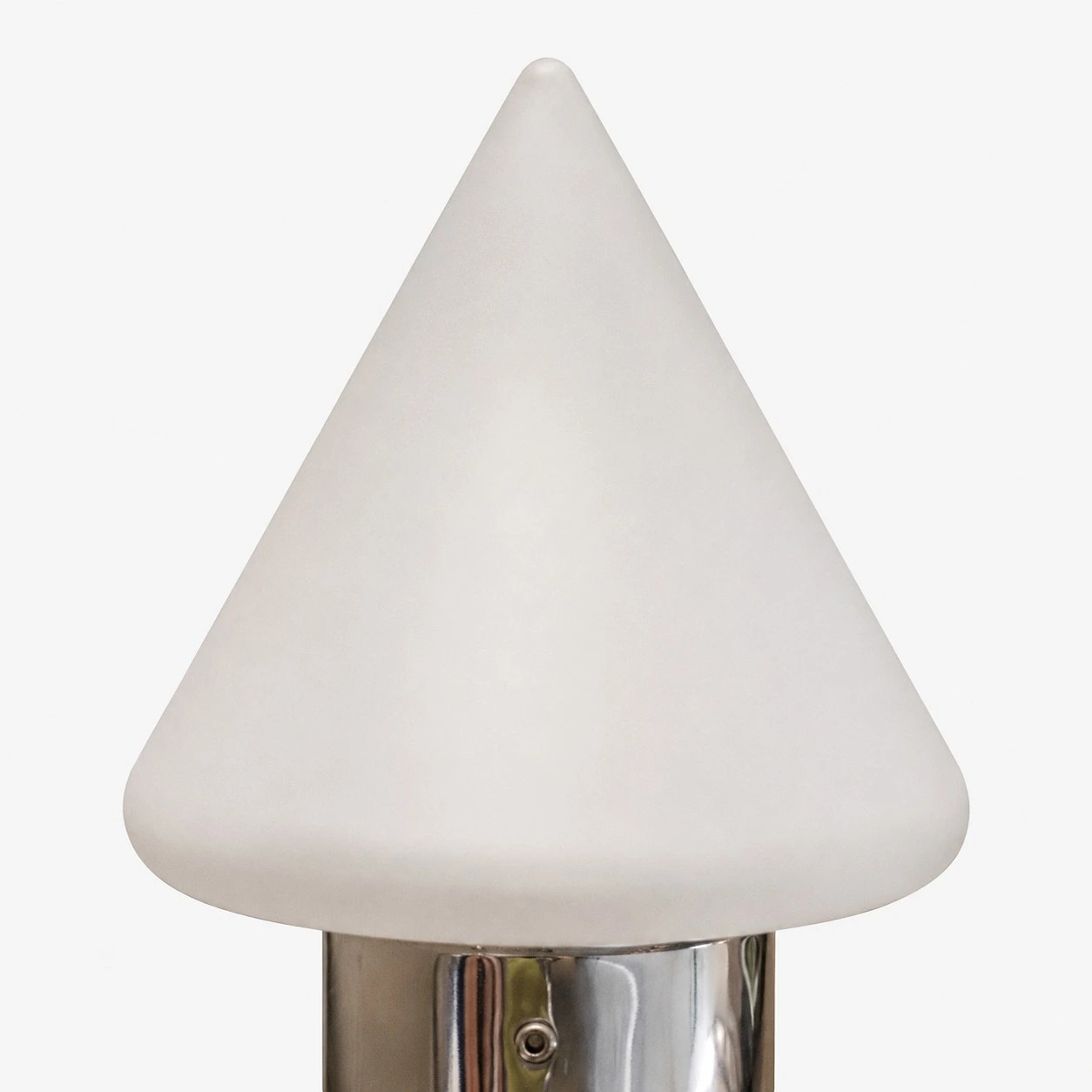 Glass shade and chrome holder close detail