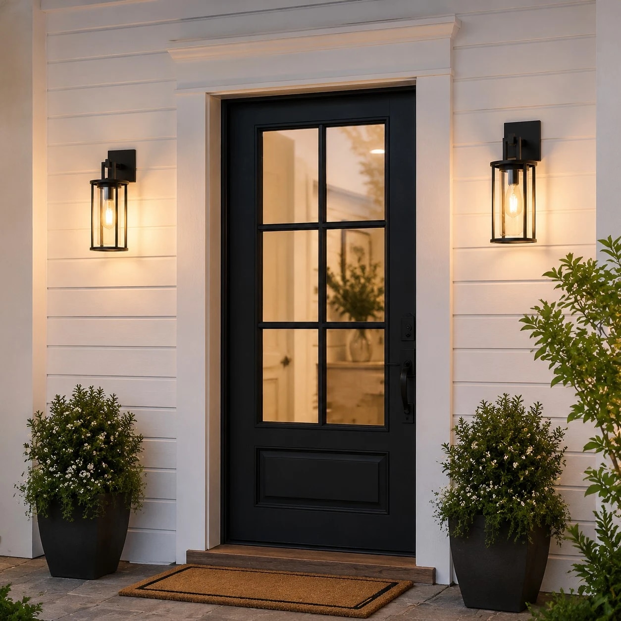 Outdoor wall lantern glowing beside a home entryway