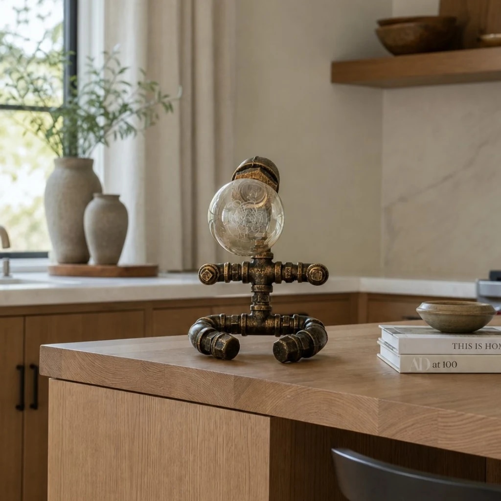 Industriële bolvormige buislamp op een consoletafel